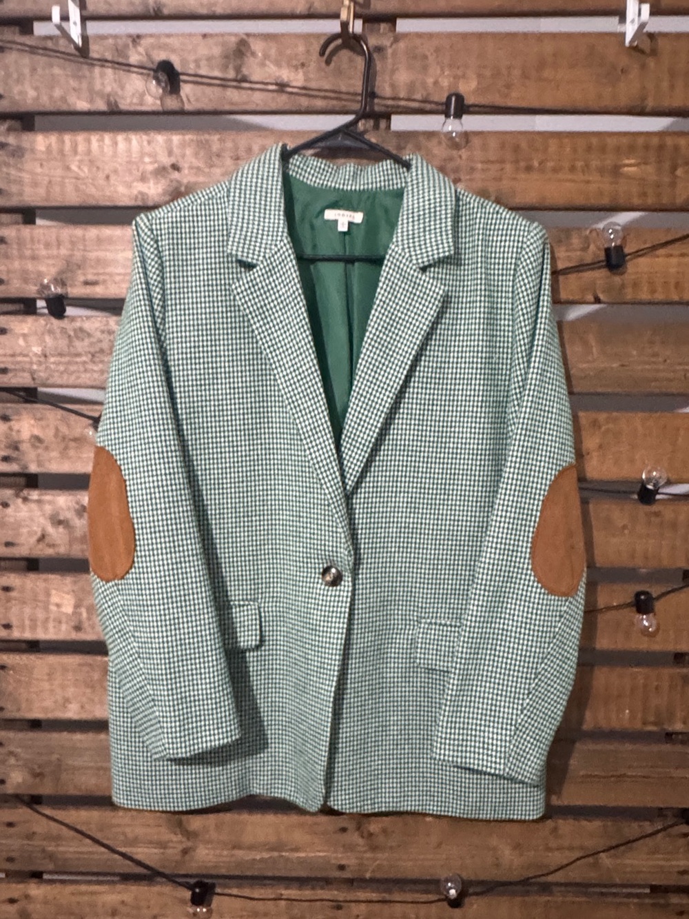Jodifl Green Houndstooth Blazer Faux Suede Elbow Patch Jacket Size L - Picture 1 of 5
